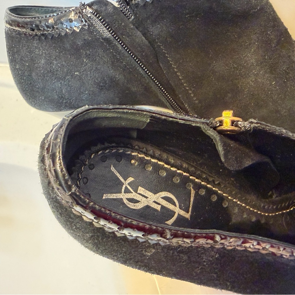 Yves Saint Laurent Black Suede Ankle Booties with Patent Trim